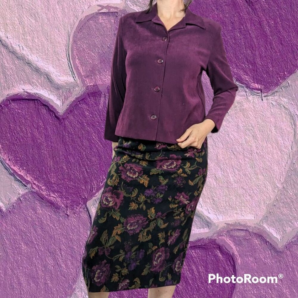 NWT Briggs New York Vintage Purple Floral Velvet Skirt Set Size 10 Petite M